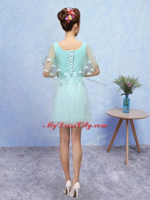 Mini Length Lace Up Dama Dress Aqua Blue for Prom and Party with Appliques