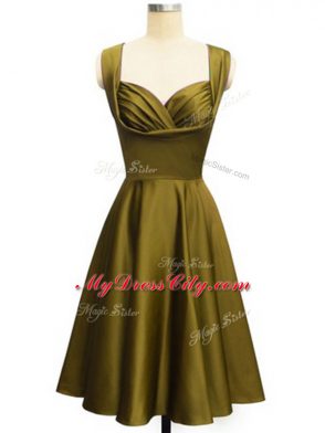 High Class Sleeveless Knee Length Ruching Lace Up Bridesmaid Dress with Olive Green