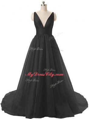 Fashionable Black Backless V-neck Ruching Prom Party Dress Organza Sleeveless Sweep Train