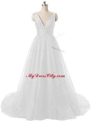 White Backless V-neck Ruching Prom Dress Organza Sleeveless Brush Train
