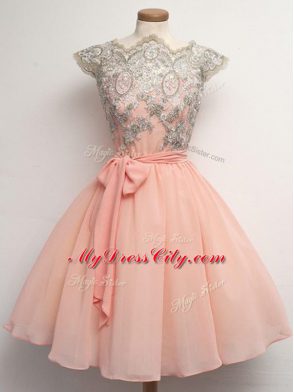 Peach A-line Lace and Belt Quinceanera Court Dresses Zipper Chiffon Cap Sleeves Knee Length