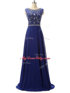 Comfortable Floor Length Zipper Dress for Prom Royal Blue for Prom and Party and Beach with Beading