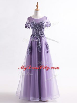 Colorful Lavender Scoop Neckline Appliques Mother of Groom Dress Short Sleeves Backless
