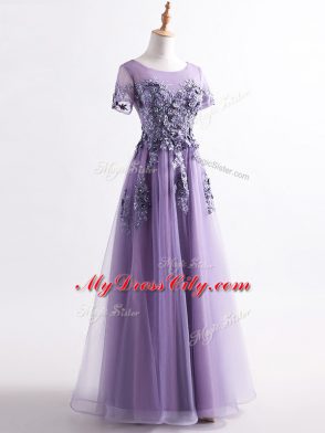 Colorful Lavender Scoop Neckline Appliques Mother of Groom Dress Short Sleeves Backless