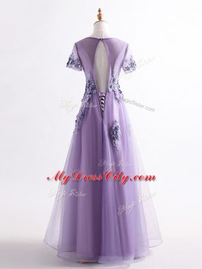 Colorful Lavender Scoop Neckline Appliques Mother of Groom Dress Short Sleeves Backless