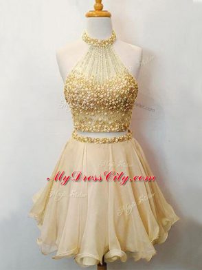 Artistic Champagne Organza Lace Up Bridesmaid Gown Sleeveless Knee Length Beading