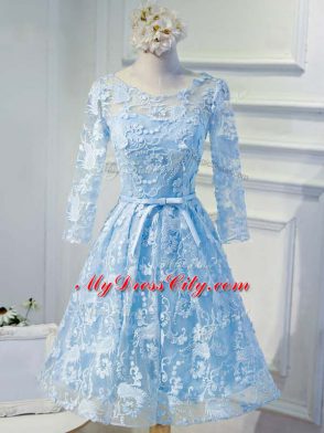 Knee Length A-line Long Sleeves Baby Blue Prom Dress Lace Up