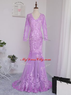 Custom Fit Side Zipper Mother of Bride Dresses Lilac for Prom and Party and Beach with Lace and Appliques Brush Train