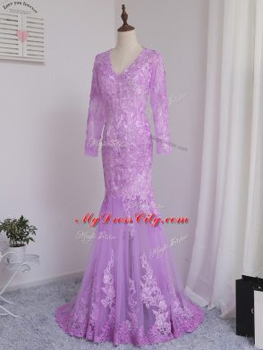 Custom Fit Side Zipper Mother of Bride Dresses Lilac for Prom and Party and Beach with Lace and Appliques Brush Train