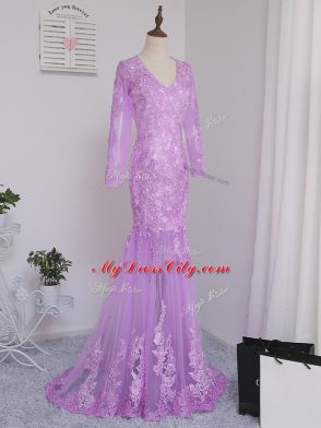 Custom Fit Side Zipper Mother of Bride Dresses Lilac for Prom and Party and Beach with Lace and Appliques Brush Train