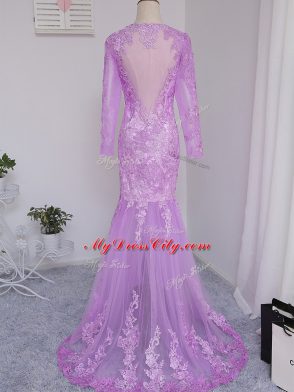 Custom Fit Side Zipper Mother of Bride Dresses Lilac for Prom and Party and Beach with Lace and Appliques Brush Train