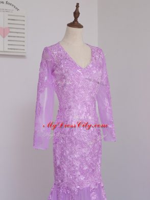 Custom Fit Side Zipper Mother of Bride Dresses Lilac for Prom and Party and Beach with Lace and Appliques Brush Train