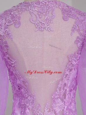 Custom Fit Side Zipper Mother of Bride Dresses Lilac for Prom and Party and Beach with Lace and Appliques Brush Train