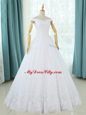 White A-line Off The Shoulder Sleeveless Tulle Floor Length Lace Up Lace and Appliques Wedding Dresses