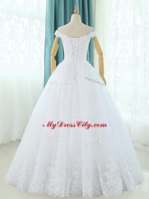 White A-line Off The Shoulder Sleeveless Tulle Floor Length Lace Up Lace and Appliques Wedding Dresses