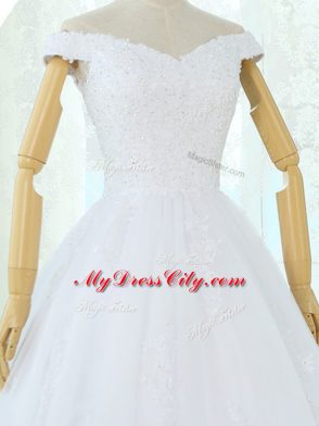 White A-line Off The Shoulder Sleeveless Tulle Floor Length Lace Up Lace and Appliques Wedding Dresses