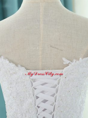 White A-line Off The Shoulder Sleeveless Tulle Floor Length Lace Up Lace and Appliques Wedding Dresses