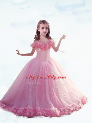 Sleeveless Tulle Court Train Lace Up Child Pageant Dress in Baby Pink with Hand Made Flower