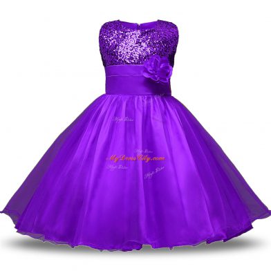 Graceful Sleeveless Bowknot and Belt and Hand Made Flower Zipper Toddler Flower Girl Dress