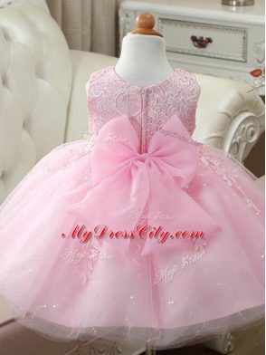 Tulle Sleeveless Knee Length Flower Girl Dresses and Appliques and Bowknot