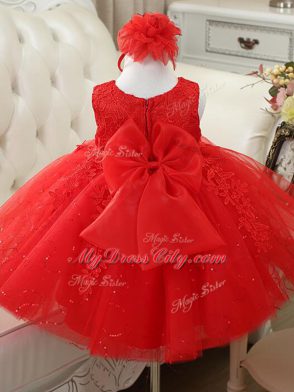 Tulle Sleeveless Knee Length Flower Girl Dresses and Appliques and Bowknot