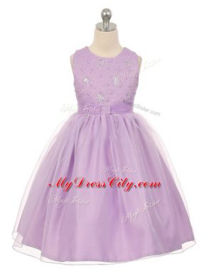 Trendy Sleeveless Tulle Knee Length Lace Up Little Girls Pageant Dress in Lavender with Beading