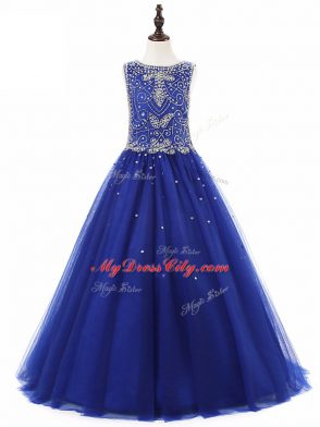 Sleeveless Tulle Floor Length Lace Up Pageant Gowns For Girls in Royal Blue with Beading
