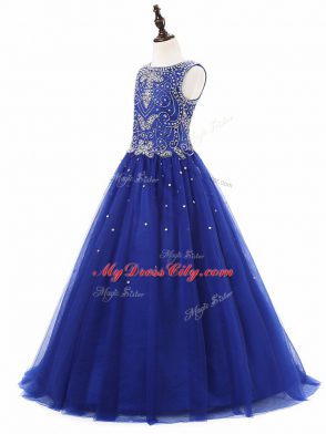 Sleeveless Tulle Floor Length Lace Up Pageant Gowns For Girls in Royal Blue with Beading
