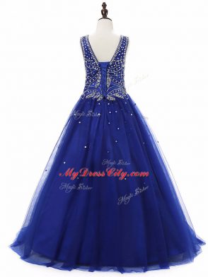 Sleeveless Tulle Floor Length Lace Up Pageant Gowns For Girls in Royal Blue with Beading