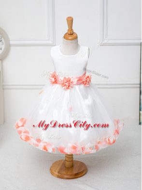 Sleeveless Knee Length Appliques and Hand Made Flower Zipper Flower Girl Dresses for Less with White