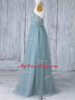 Glamorous Grey Sleeveless Floor Length Appliques Criss Cross Bridesmaid Gown