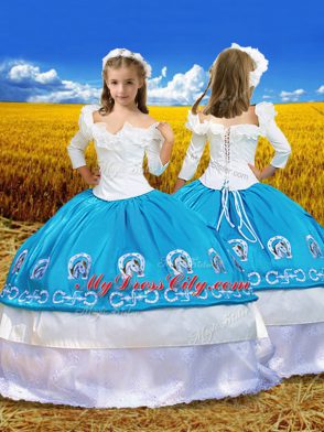 Taffeta Off The Shoulder 3 4 Length Sleeve Lace Up Embroidery and Ruffles Little Girl Pageant Dress in Blue And White