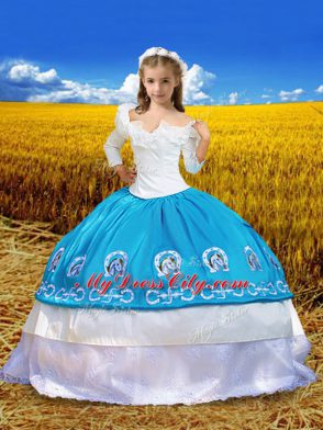 Taffeta Off The Shoulder 3 4 Length Sleeve Lace Up Embroidery and Ruffles Little Girl Pageant Dress in Blue And White