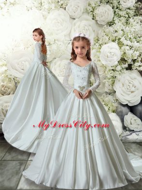 V-neck Long Sleeves Taffeta 15 Quinceanera Dress Lace and Belt Chapel Train Lace Up