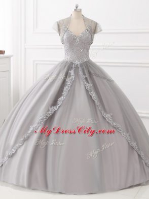 Grey Tulle Lace Up Sweet 16 Dress Sleeveless Floor Length Beading and Appliques