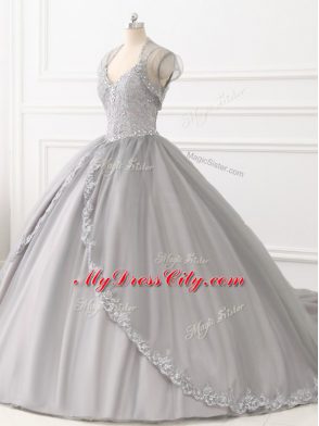 Grey Tulle Lace Up Sweet 16 Dress Sleeveless Floor Length Beading and Appliques