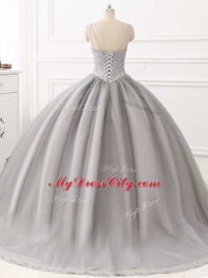 Grey Tulle Lace Up Sweet 16 Dress Sleeveless Floor Length Beading and Appliques