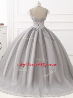 Grey Tulle Lace Up Sweet 16 Dress Sleeveless Floor Length Beading and Appliques