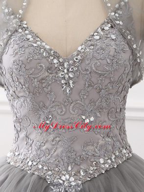 Grey Tulle Lace Up Sweet 16 Dress Sleeveless Floor Length Beading and Appliques