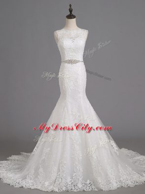 White Wedding Gown Tulle Brush Train Sleeveless Beading and Lace
