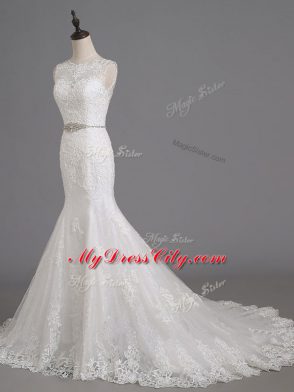 White Wedding Gown Tulle Brush Train Sleeveless Beading and Lace