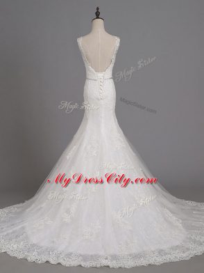 White Wedding Gown Tulle Brush Train Sleeveless Beading and Lace