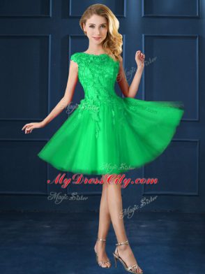 Comfortable Green Cap Sleeves Knee Length Lace and Appliques Lace Up Wedding Guest Dresses