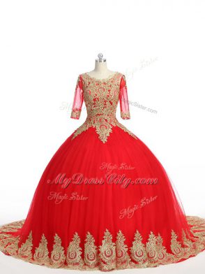 Popular Half Sleeves Lace and Appliques Zipper Vestidos de Quinceanera with Red Brush Train