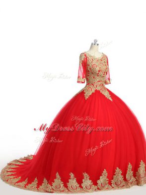 Popular Half Sleeves Lace and Appliques Zipper Vestidos de Quinceanera with Red Brush Train