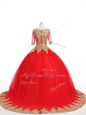 Popular Half Sleeves Lace and Appliques Zipper Vestidos de Quinceanera with Red Brush Train