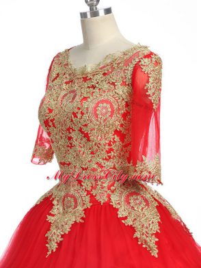 Popular Half Sleeves Lace and Appliques Zipper Vestidos de Quinceanera with Red Brush Train