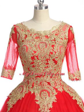 Popular Half Sleeves Lace and Appliques Zipper Vestidos de Quinceanera with Red Brush Train