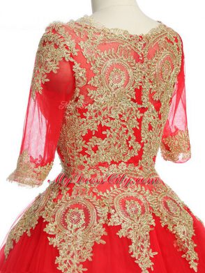 Popular Half Sleeves Lace and Appliques Zipper Vestidos de Quinceanera with Red Brush Train