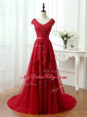 Discount Red Celebrity Dress Prom and Party with Lace and Appliques V-neck Cap Sleeves Brush Train Lace Up